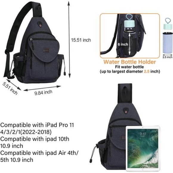 Sling Backpack,Canvas Crossbody Hiking Daypack Bag with Anti-theft Pocket - Picture 2 of 7